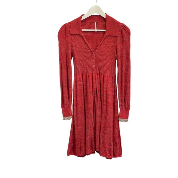 Free People Red Rain or Shine Knit Mini Dress Size Small Collared Sweater - Picture 3 of 11